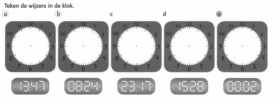 Vijf klokken zonder wijzers met digitale tijden eronder